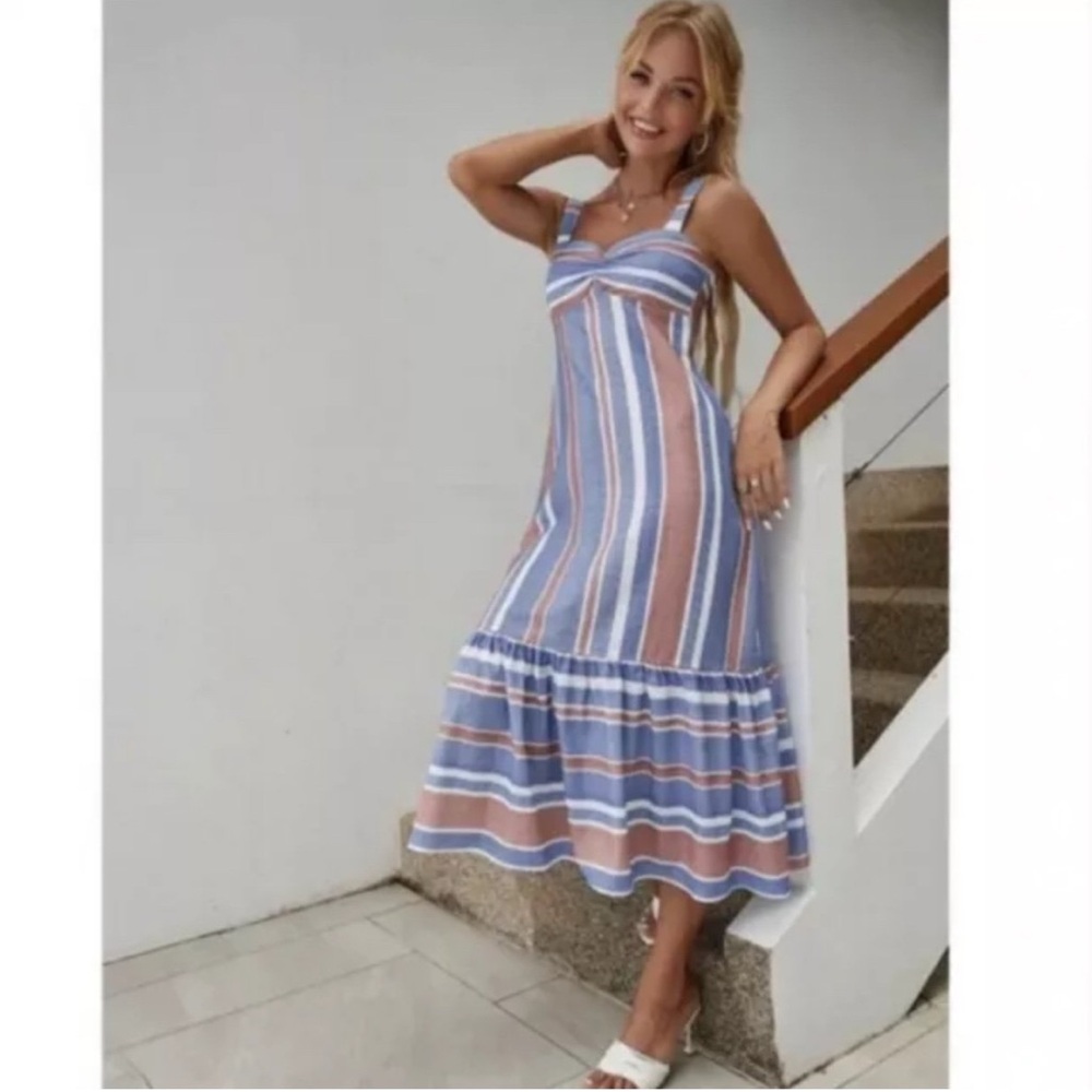ZARA Blue Brown Striped Sleeveless Ruffle Hem Linen Viscose Summer Midi Dress - Picture 2 of 7